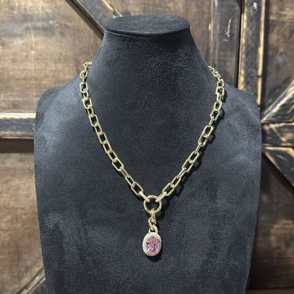 Elegant 14K Gold Plated Chain Necklace with Pink Pendant  And Zirconia - Picture 2 of 7